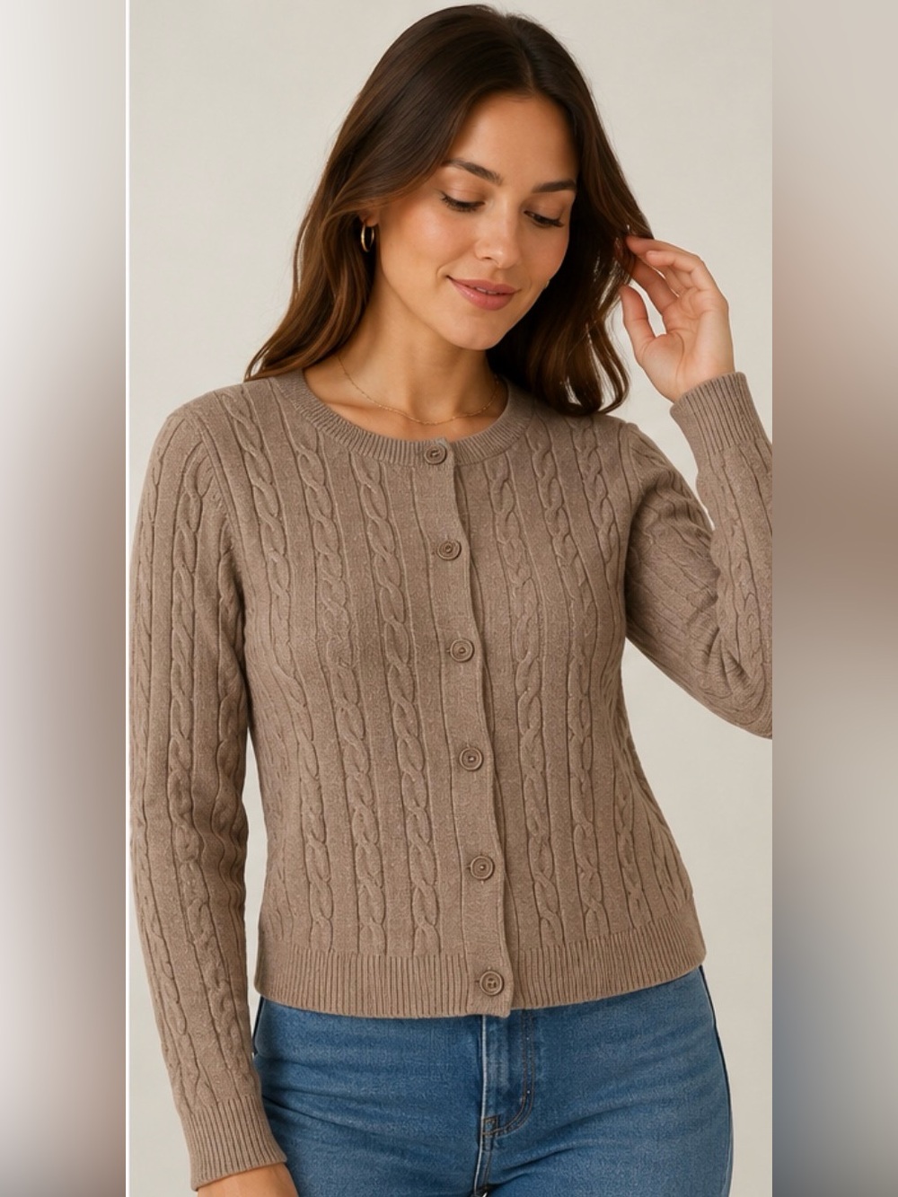 NWOT Primark Women's Soft Taupe Cable-Knit Button Cardigan